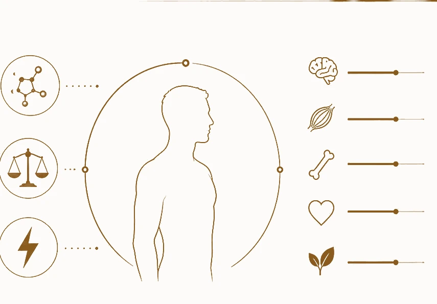 Silueta masculina dentro de un círculo, rodeada de indicadores de energía y equilibrio hormonal