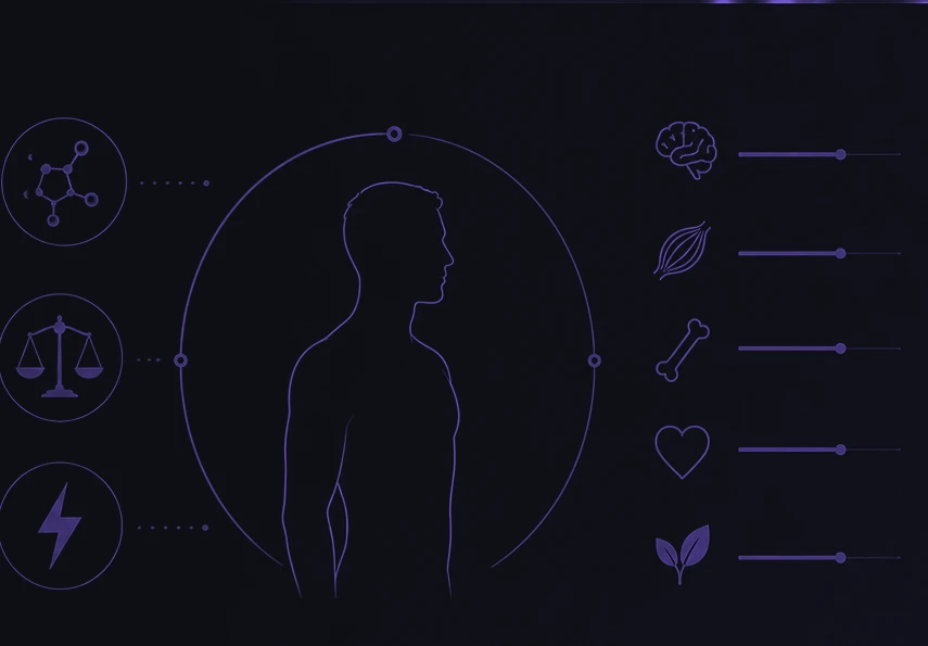 Silueta masculina dentro de un círculo, rodeada de indicadores de energía y equilibrio hormonal
