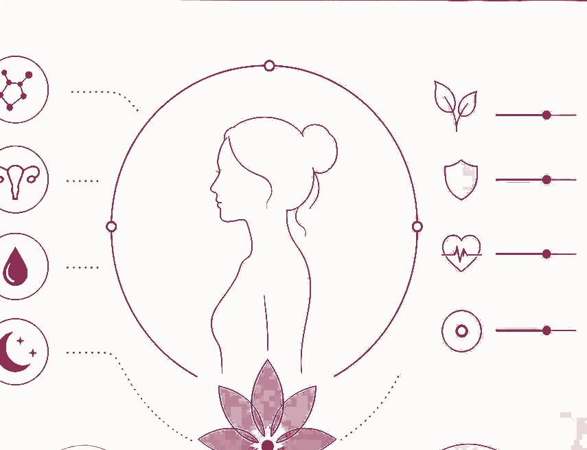 Silueta femenina dentro de un círculo, con una flor de loto y marcadores de salud hormonal