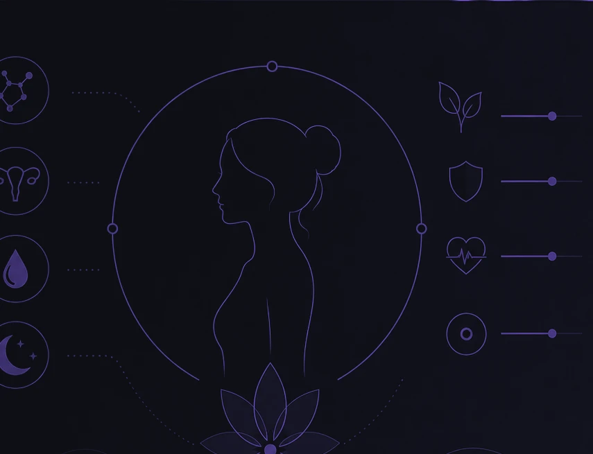 Silueta femenina dentro de un círculo, con una flor de loto y marcadores de salud hormonal